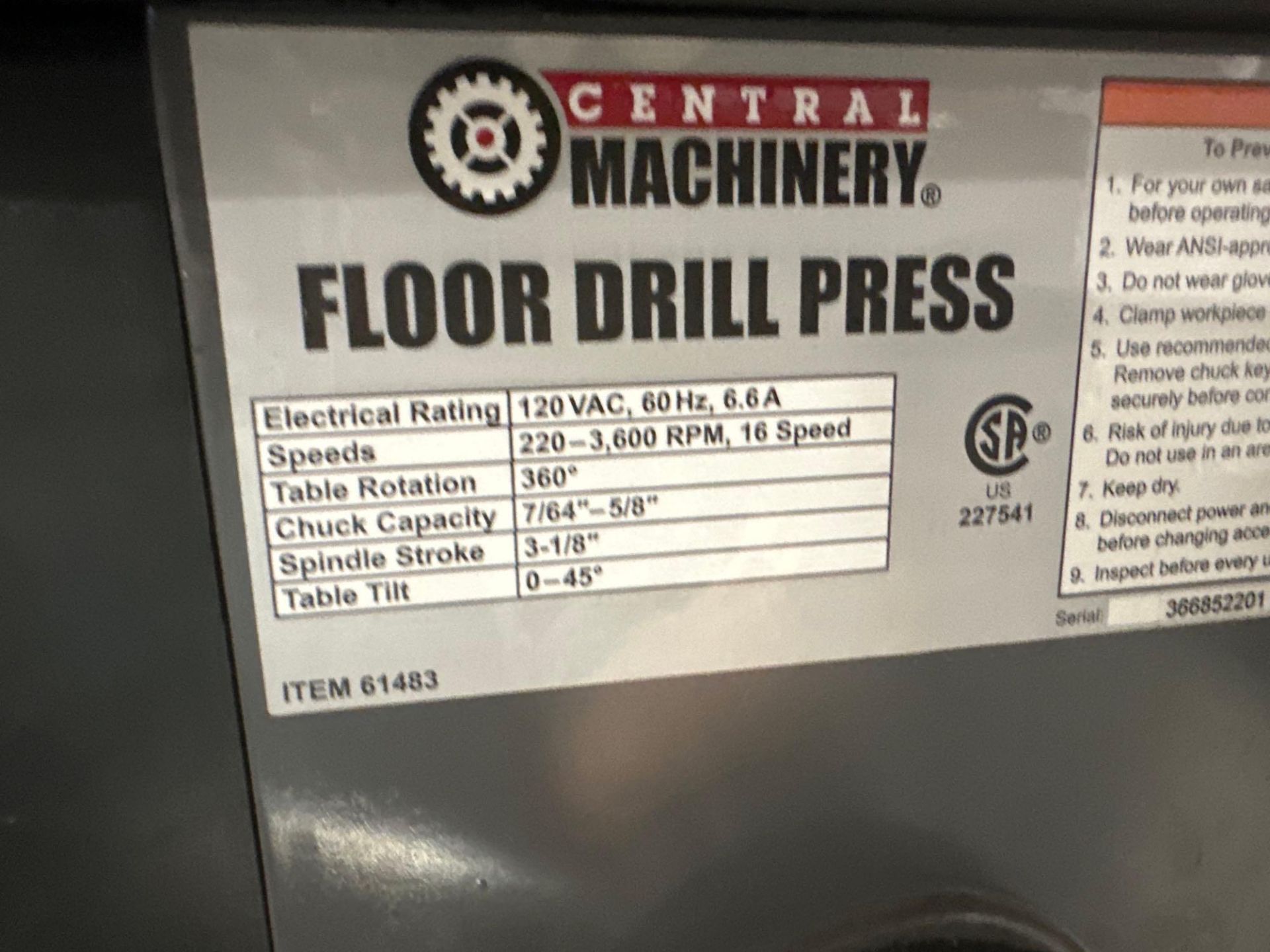 CENTRAL MACHINERY FLOOR DRILL PRESS - Image 6 of 6