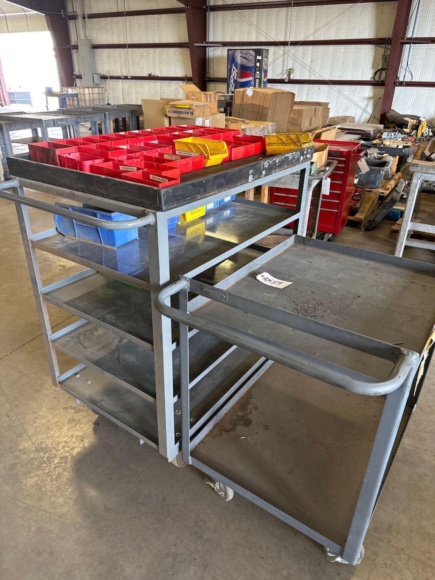 (2) METAL ROLLING CARTS WITH PLASTIC BINS