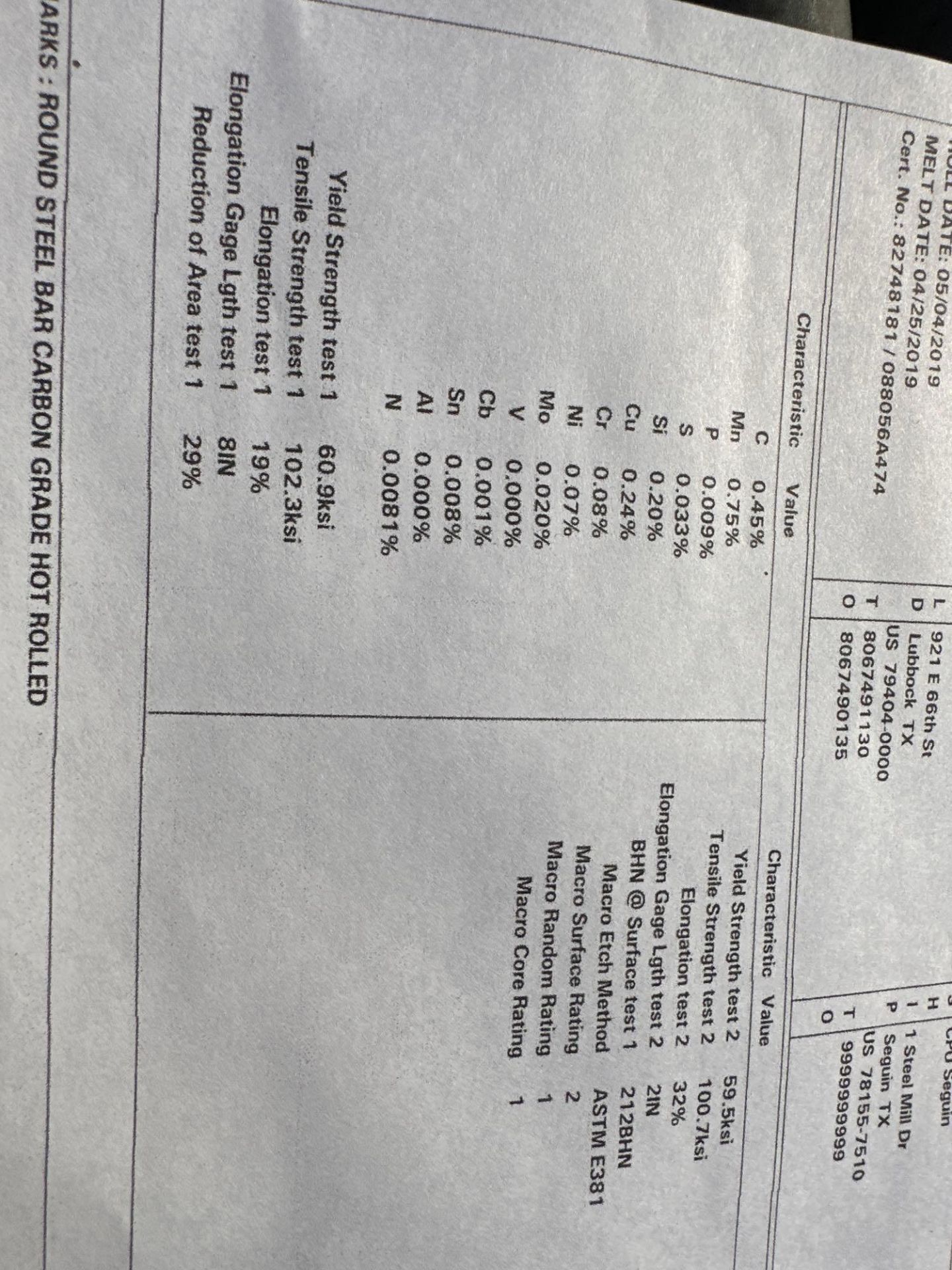 54 BARS OF 1-3/4” DIA. 1045 HOT ROLL BAR STOCK WITH CERTS - Image 7 of 7