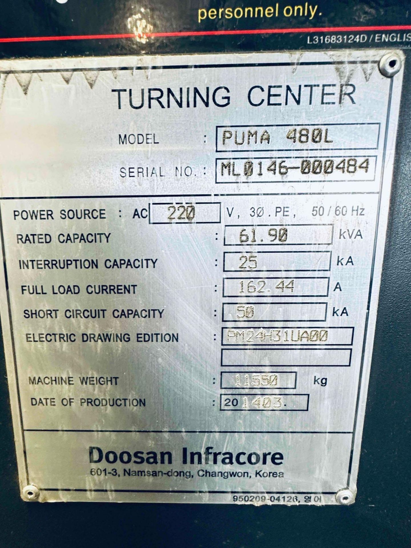 2014 DOOSAN PUMA 480L CNC LATHE TURNING CENTER - Image 20 of 31