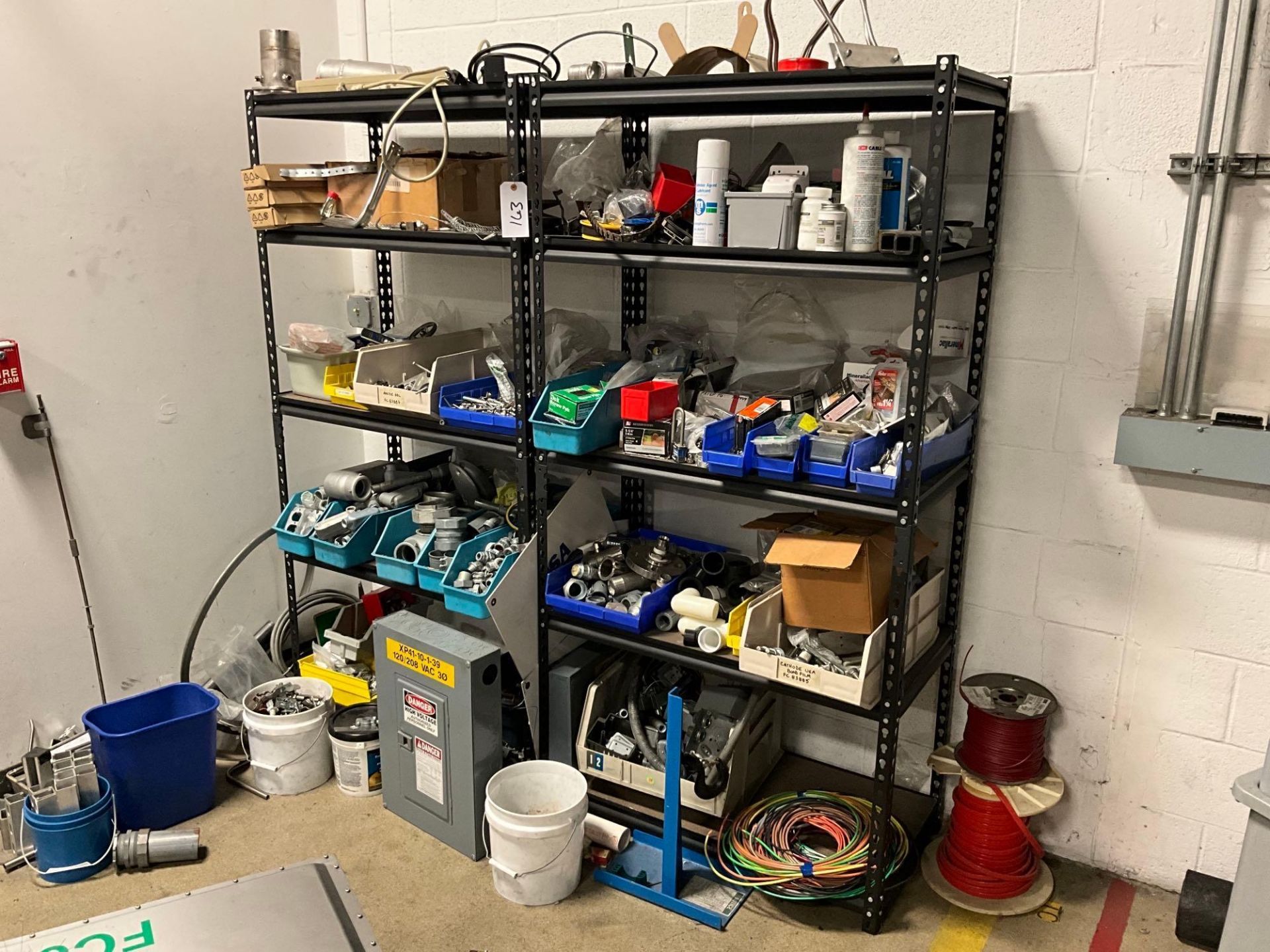 SHELVES WITH CONTENTS, VARIOUS ELECTRICAL ITEMS INCLUDED