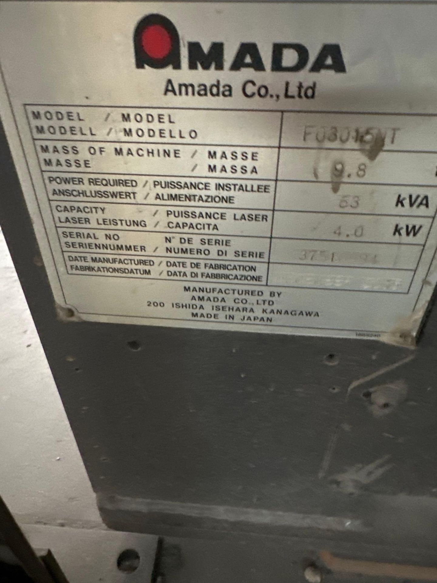 4000W AMADA FO-3015NT CO2 LASER, 2005 - 5' X 10' TABLE - INCLUDES DONALDSON TORIT DUST COLLECTOR - Image 22 of 23