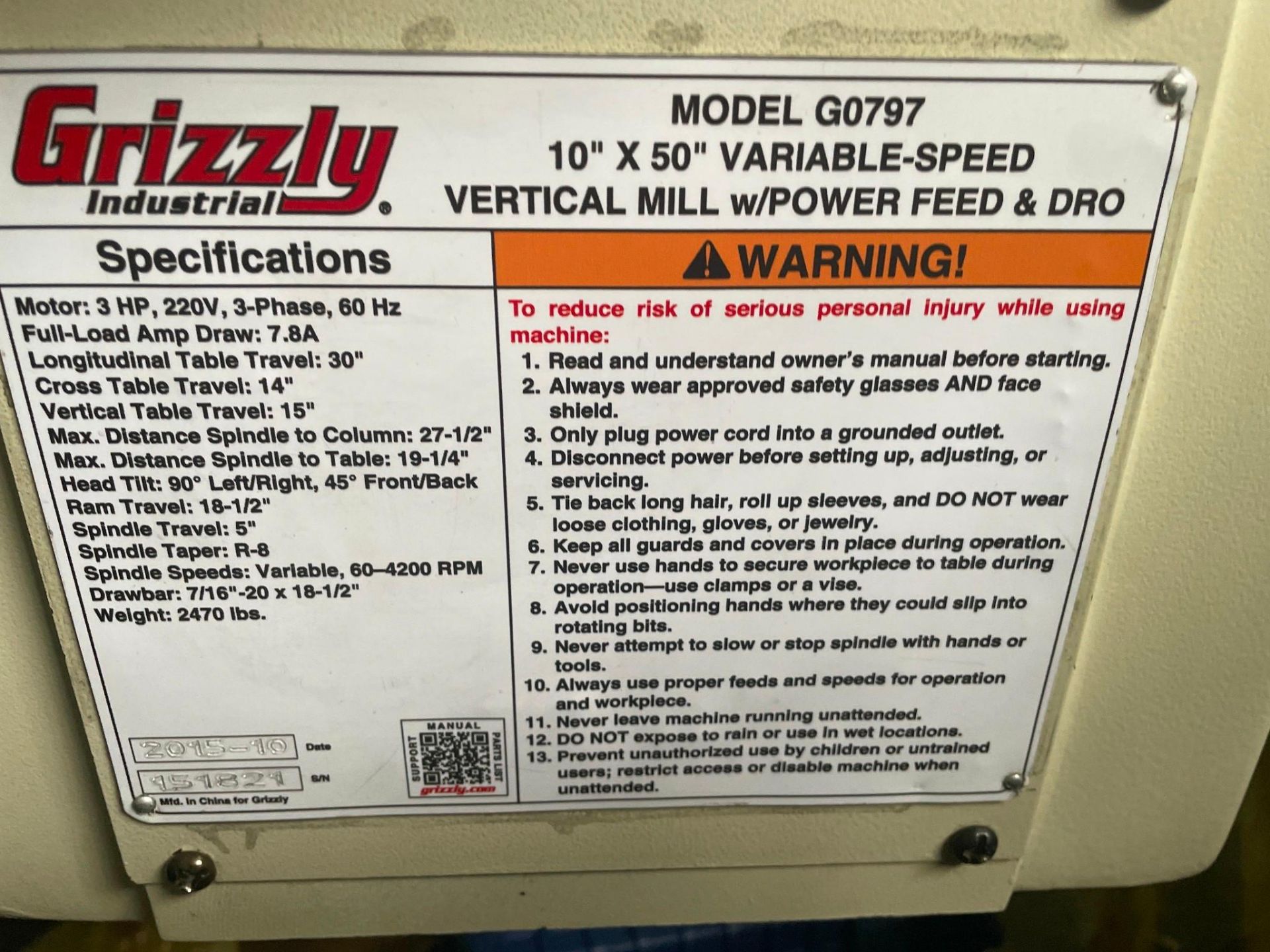 GRIZZLY G0797 10"X50" VARIABLE-SPEED VERTICAL MILL W/ POWER FEED & DRO, YEAR 2015 - SN 151821 - Image 6 of 7