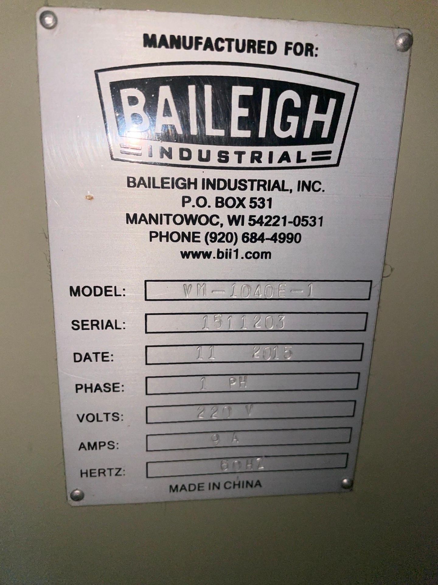 BAILEIGH VM-1040E-1 MILLING MACHINE 10"X40" TABLE, YEAR 2016 - Image 11 of 12