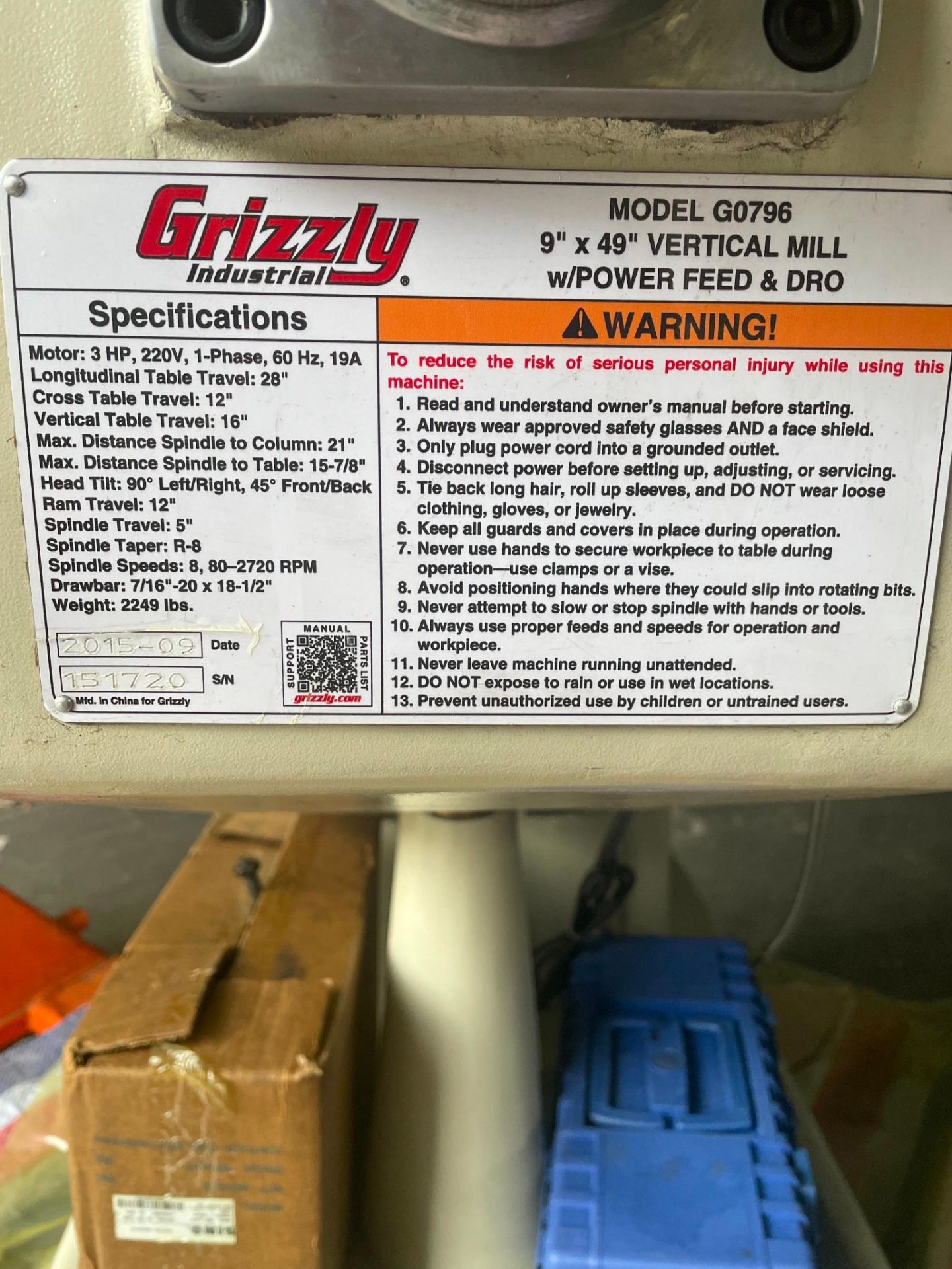 GRIZZLY G0796 9"X49" VERTICAL MILL W/ POWER FEED & DRO, YEAR 2015 - SN 151720 - Image 9 of 11