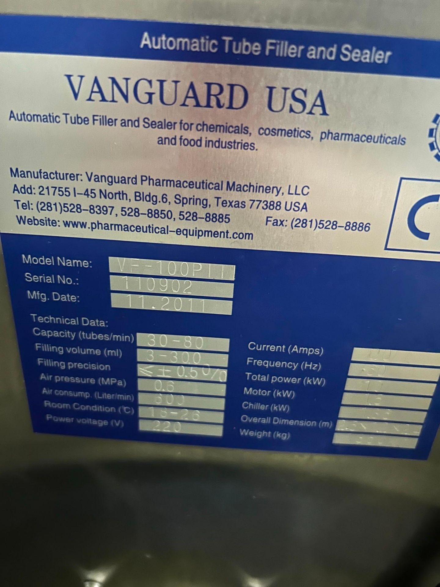 VANGUARD VF-100PIII TUBE FILLER, YEAR 2011 - Image 8 of 8
