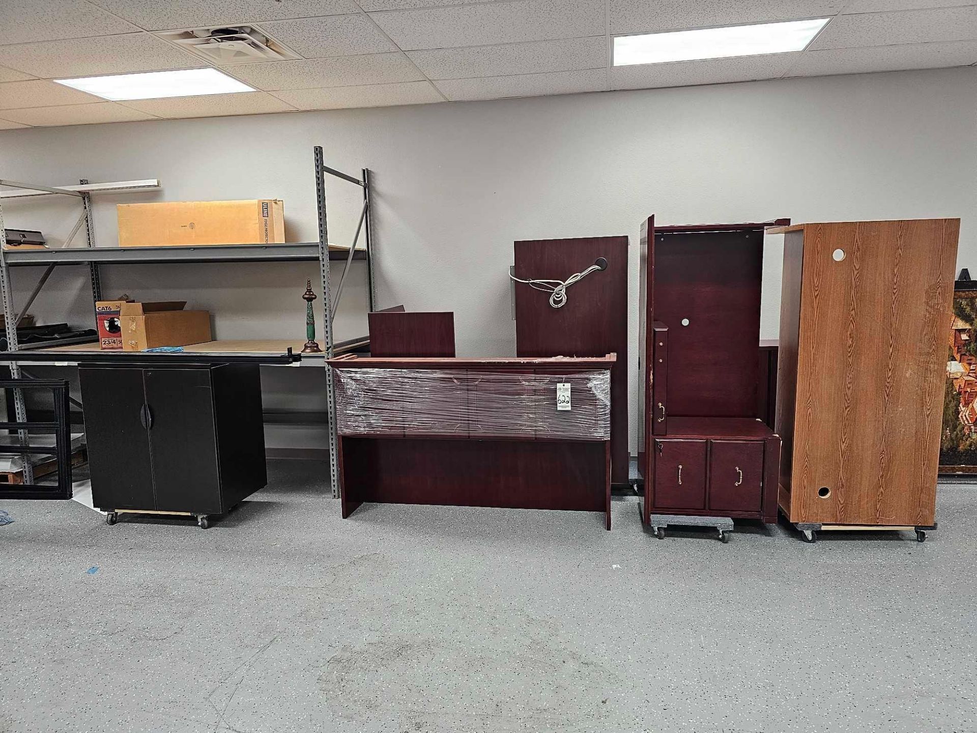 (3) WOODEN DESKS, (2) FILING CABINETS