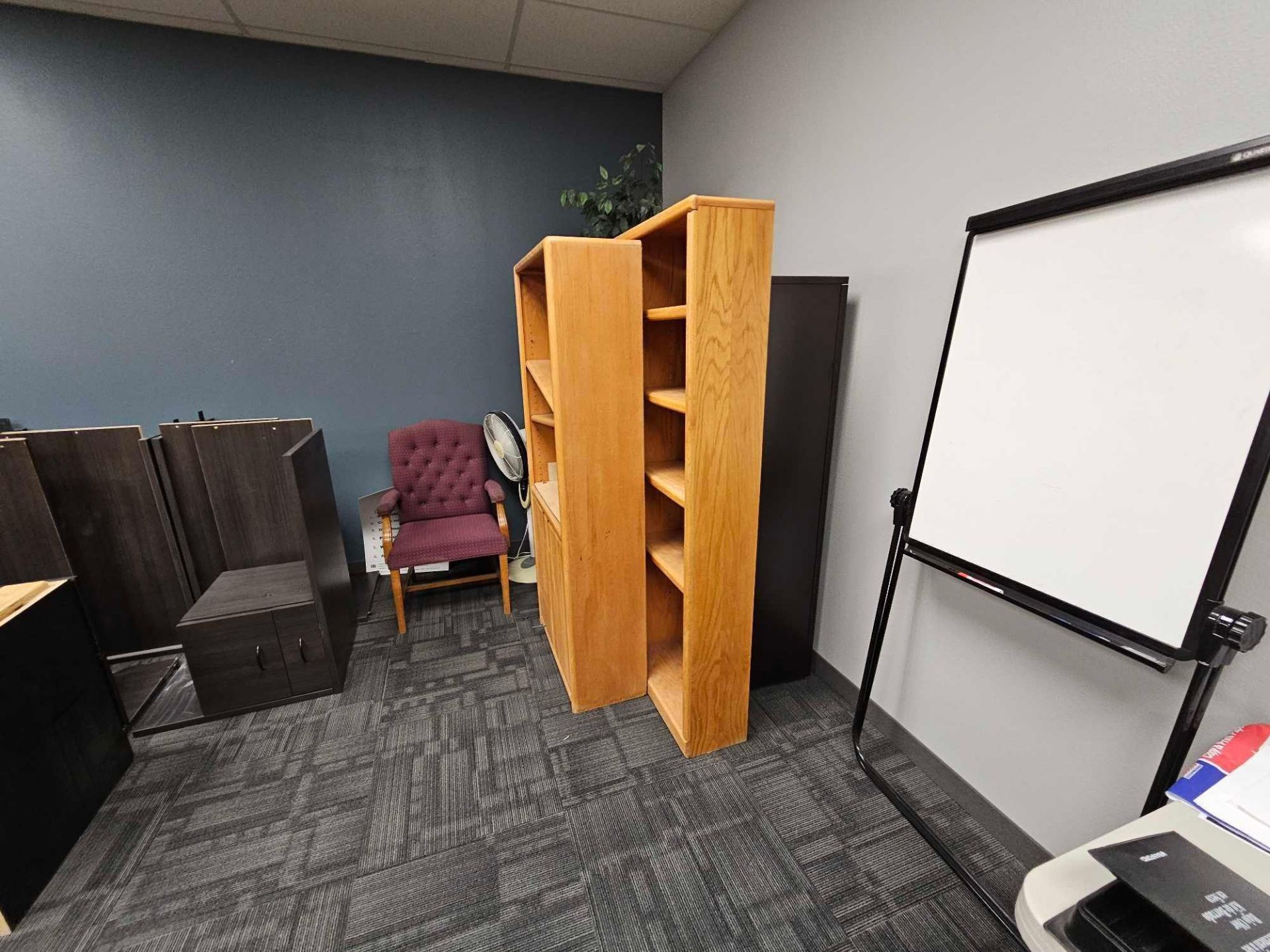 (18) WOODEN DESKS WITH FILING CABINETS AND (3) SHELVES - Image 6 of 11