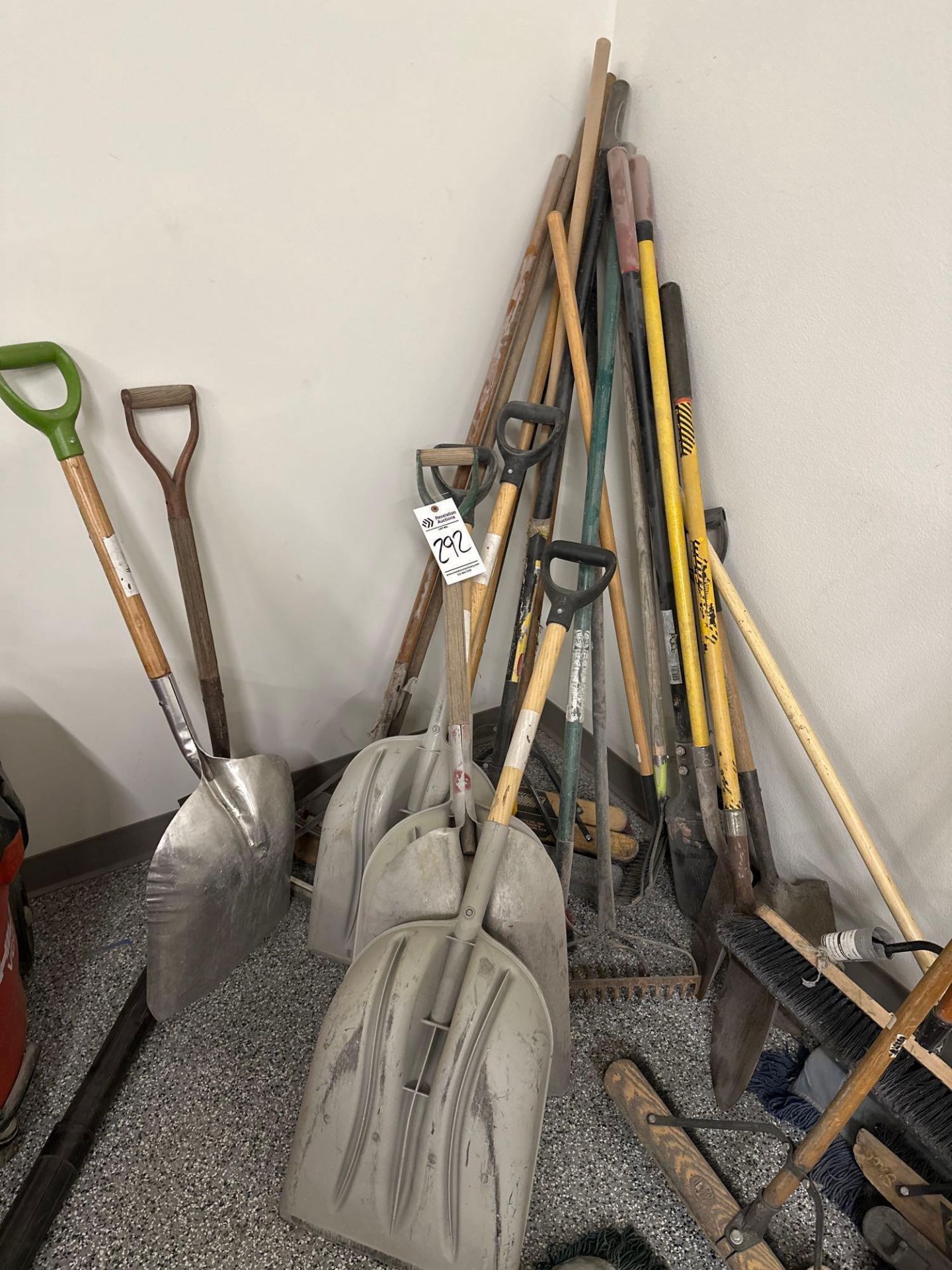 LOT OF BROOMS, SHOVELS, AND RAKES - Image 2 of 3