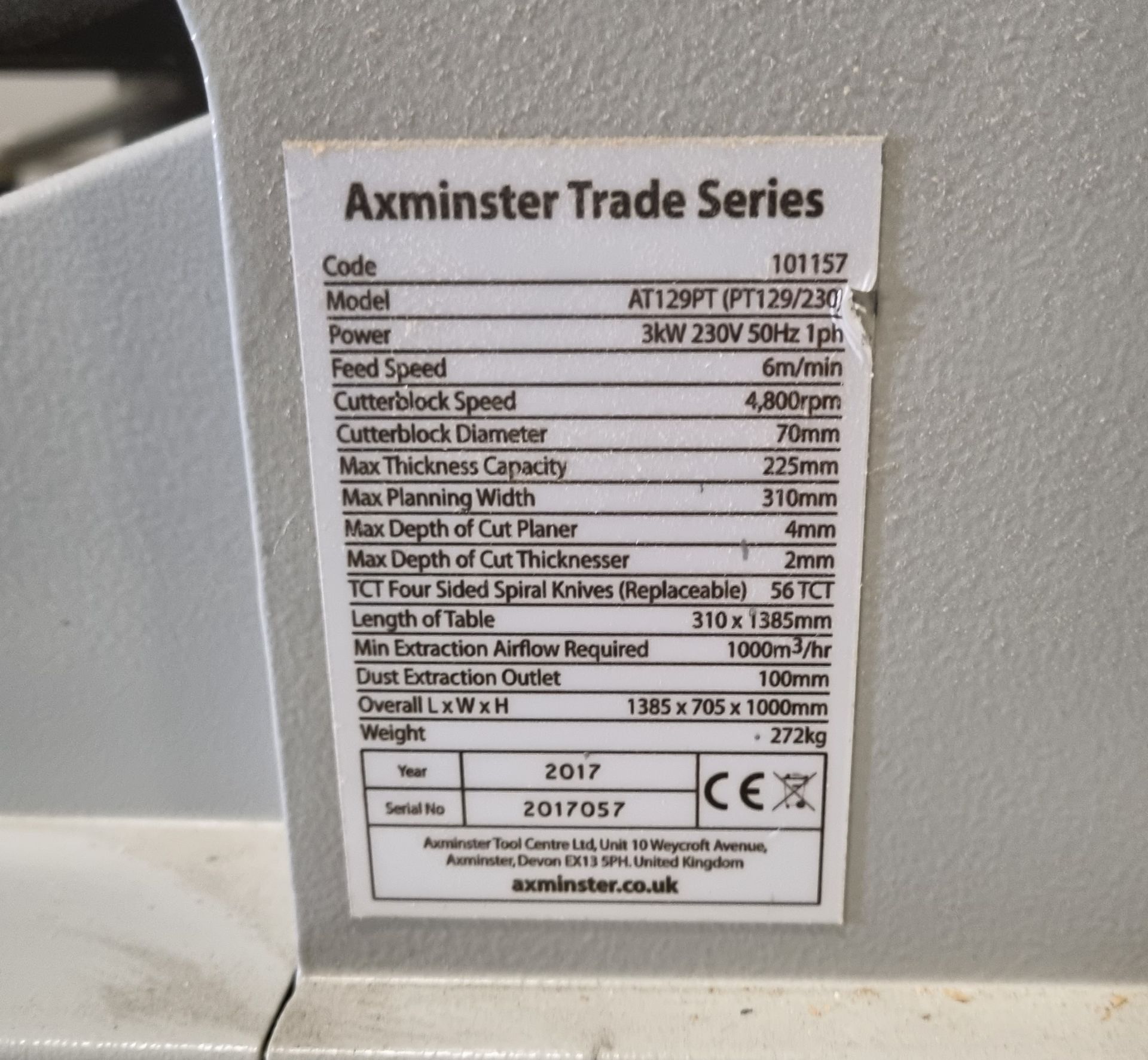 Axminster AT129PT Planer (Trade series), 230V 50Hz - L139 x W705 x H100 - Image 5 of 5