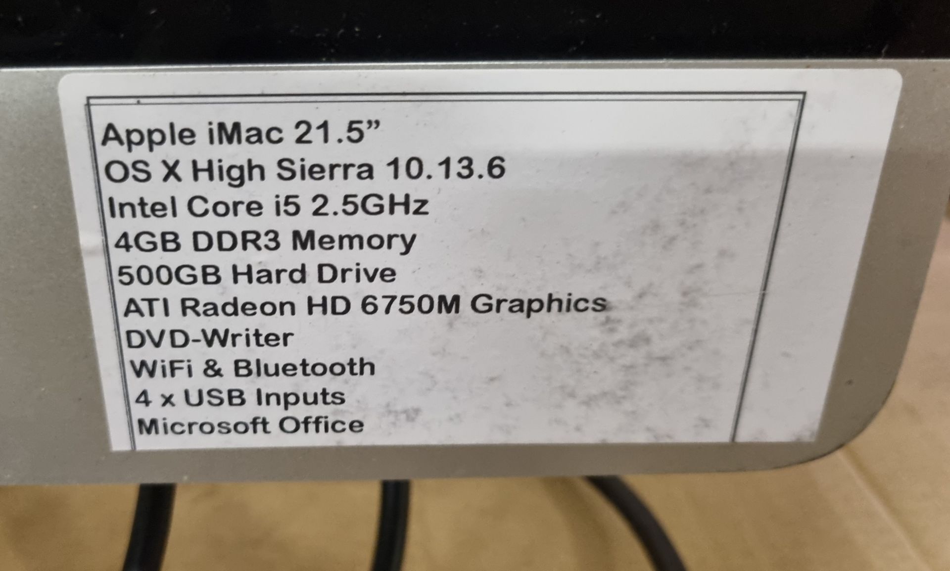 Apple iMac 21.5” OS X High Sierra Intel Core i5 Quad Core 4GB Memory 500GB HD, WiFi, Bluetooth - Image 3 of 4