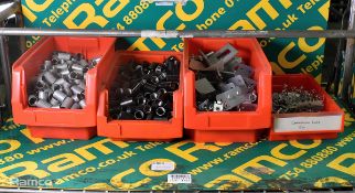 Workshop supplies which include: spring channel nuts, brackets and threaded straight pipe connectors