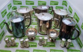 6x EPNS teapots & coffee pots, 2x EPNS sugar cube pots, 4x EPNS silver salt and pepper pots