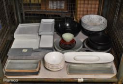 Catering serving trays, plates and bowls of assorted types, shapes and sizes