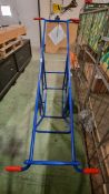 Blue framed mobile trolley for round flat pack tables - L2000 x D700 x H1060mm