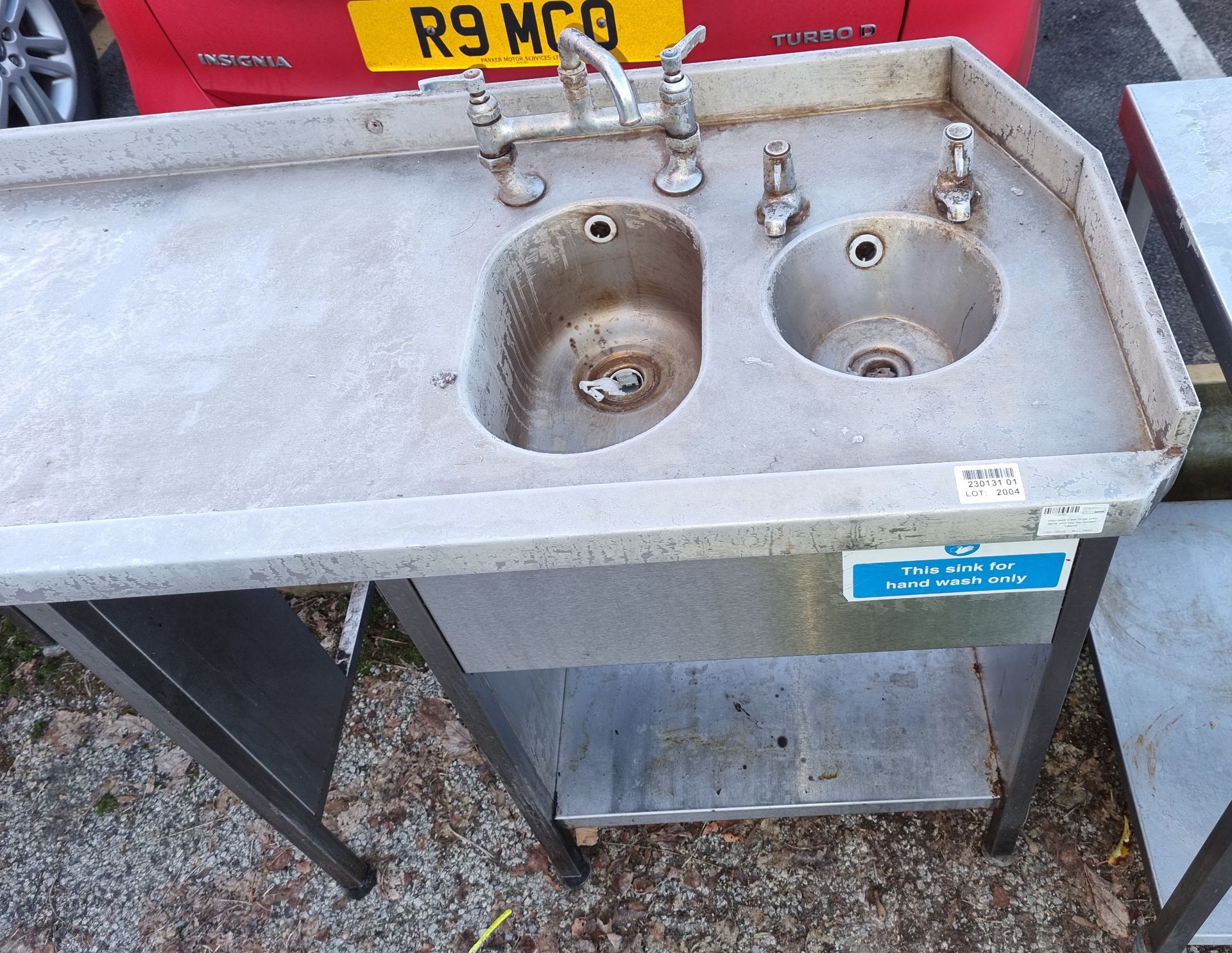 Stainless steel large prep table with two hand wash basins - L2750 x D600 x H950mm - Image 2 of 3