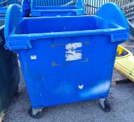 Large blue plastic roll top wheelie bin (no lid) - dimensions: 120x100x130cm