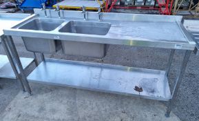 Stainless steel dual sink unit with bottom shelf and upstand - dimensions: 180x60x90cm