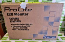 IIyama ProLite E2083HSD 20 inch monitor with 1600x900 resolution, in box with stand and plug