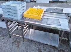 Moffat stainless steel pass through draining board unit with dishwasher tray storage - 180x72x90cm