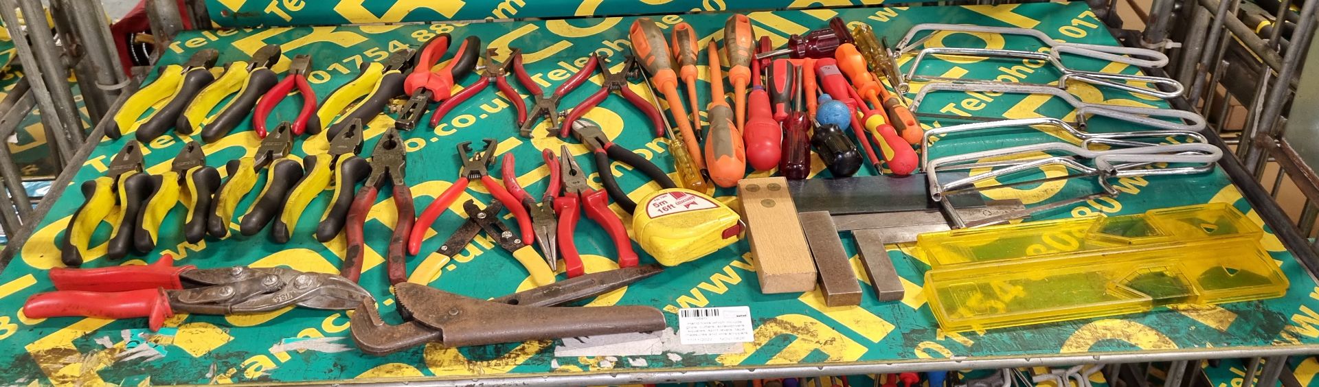Hand tools - grips, cutters, screwdrivers, squares, spirit levels, tape measures, wire strippers