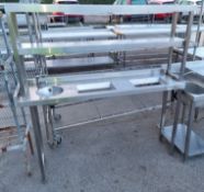 Narrow stainless steel utility sink unit with 2 tier shelf unit - dimensions: 155x40x160cm
