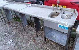 Stainless steel large prep table with two hand wash basins - L2750 x D600 x H950mm
