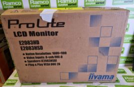 IIyama ProLite E2083HSD 20 inch monitor with 1600x900 resolution, in box with stand and plug