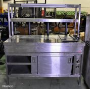 Stainless steel hot cupboard with serving station and gantry with heat lights - L1500 x D810 x H1600