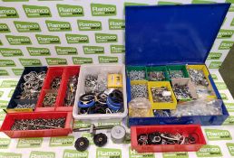 Assorted workshop supplies which include, nuts, bolts, washers, screws and small storage trays