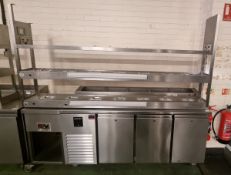 Precision MCU311 stainless steel three door counter fridge with bain marie + 2 shelf gantry