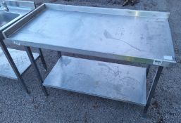Stainless steel corner work table with bottom shelf and upstand - dimensions: 130x65x90cm