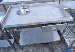 Stainless steel corner unit with small sink, bottom shelf and upstand - dimensions: 120x70x95cm