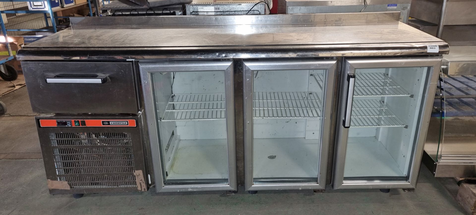 Comersa glass fronted 3 door fridge with stainless steel worktop