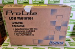 IIyama ProLite E2083HSD 20 inch monitor with 1600x900 resolution, in box with stand and plug