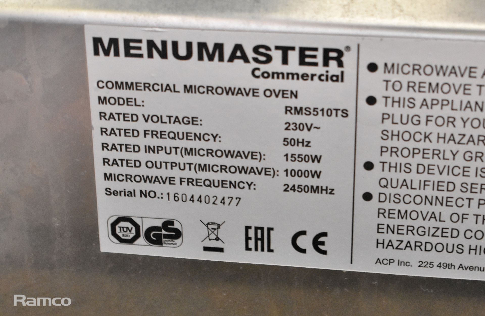 Menumaster RMS 510TS Commercial Microwave - Image 4 of 4