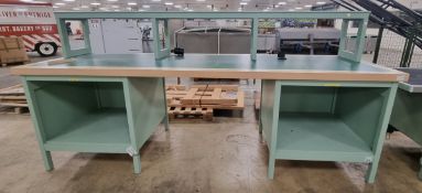 Large wooden table top with double storage base - L3100 x D920 x H1000mm and shelf unit