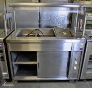 Stainless steel bain marie, gantry and heated cabinet with 2 sliding doors