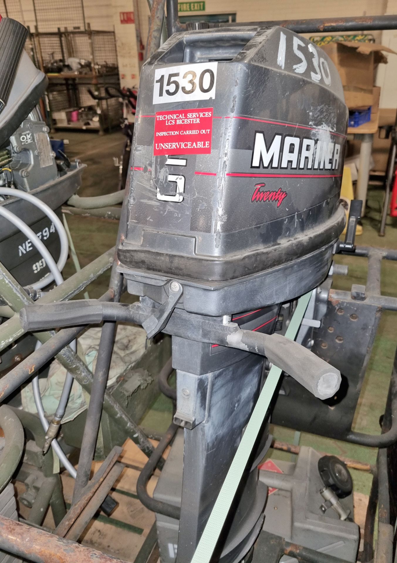 Mariner 20, 20 Hp Outboard motor in travel cot with Barrus 5L fuel tank. Total Hours 108 - Image 4 of 6