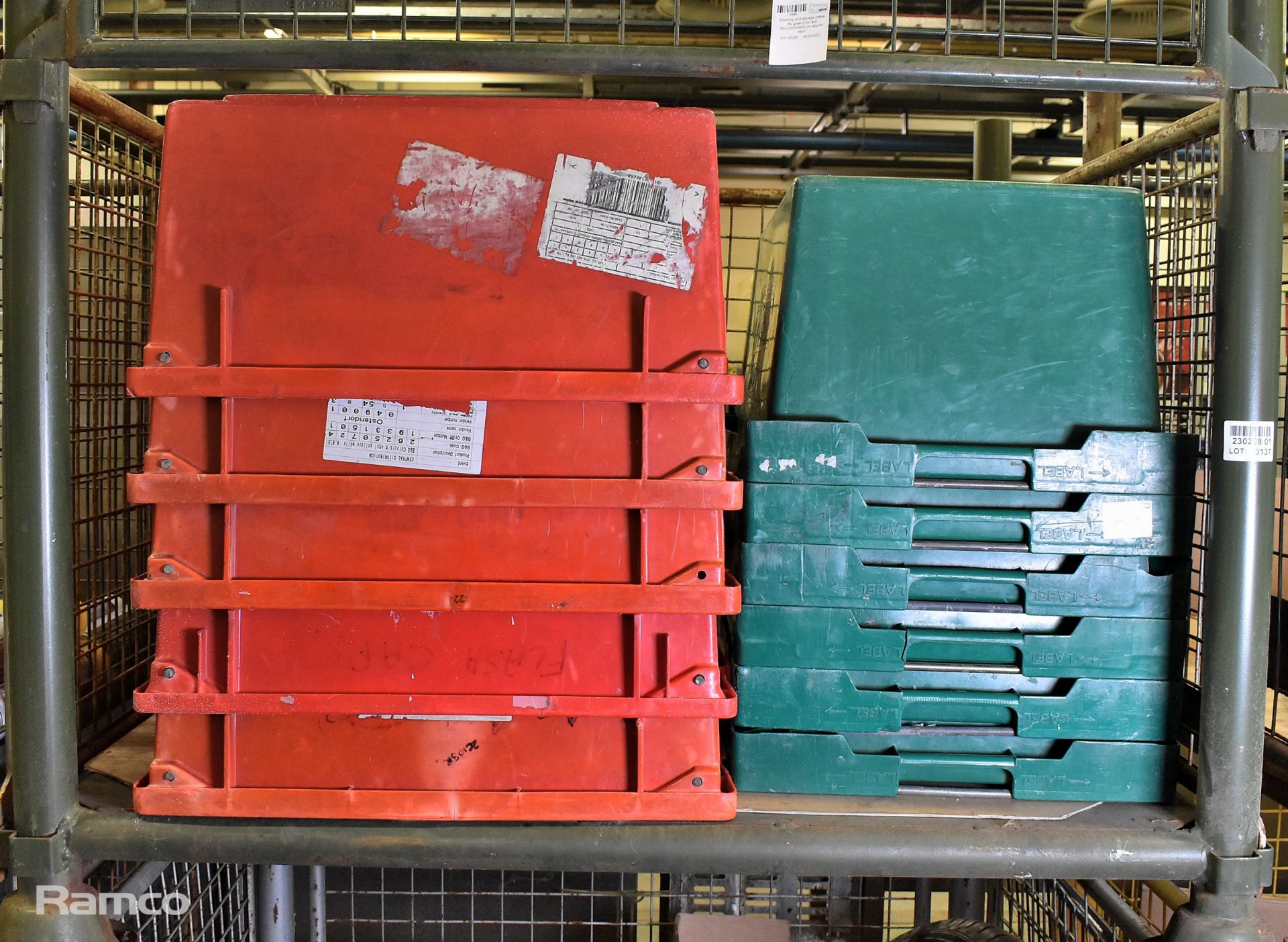 Stacking and storage crates (6x green/10x red) 60Lx30Wx40H cm approx each