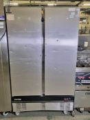 Foster double door freezer - some shelves missing and external dents