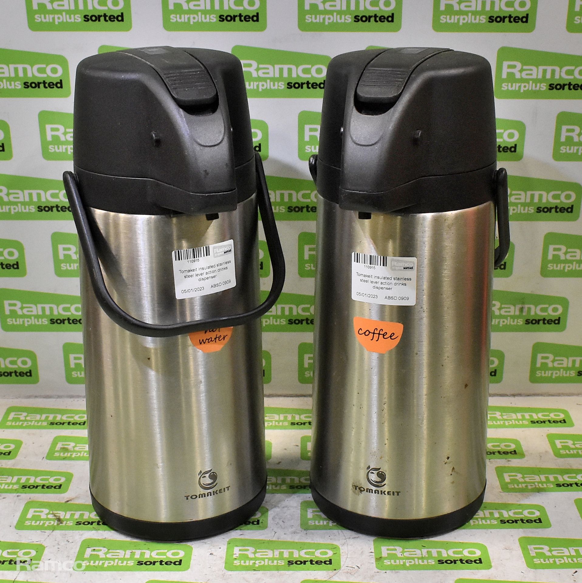 2x Tomakeit insulated stainless steel lever action drinks dispensers