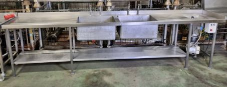 Stainless steel double sink unit with waste disposal - 330x60x90cm