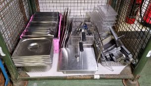 Catering accessories including gastronorm pans and lids of various size, plastic and stainless steel