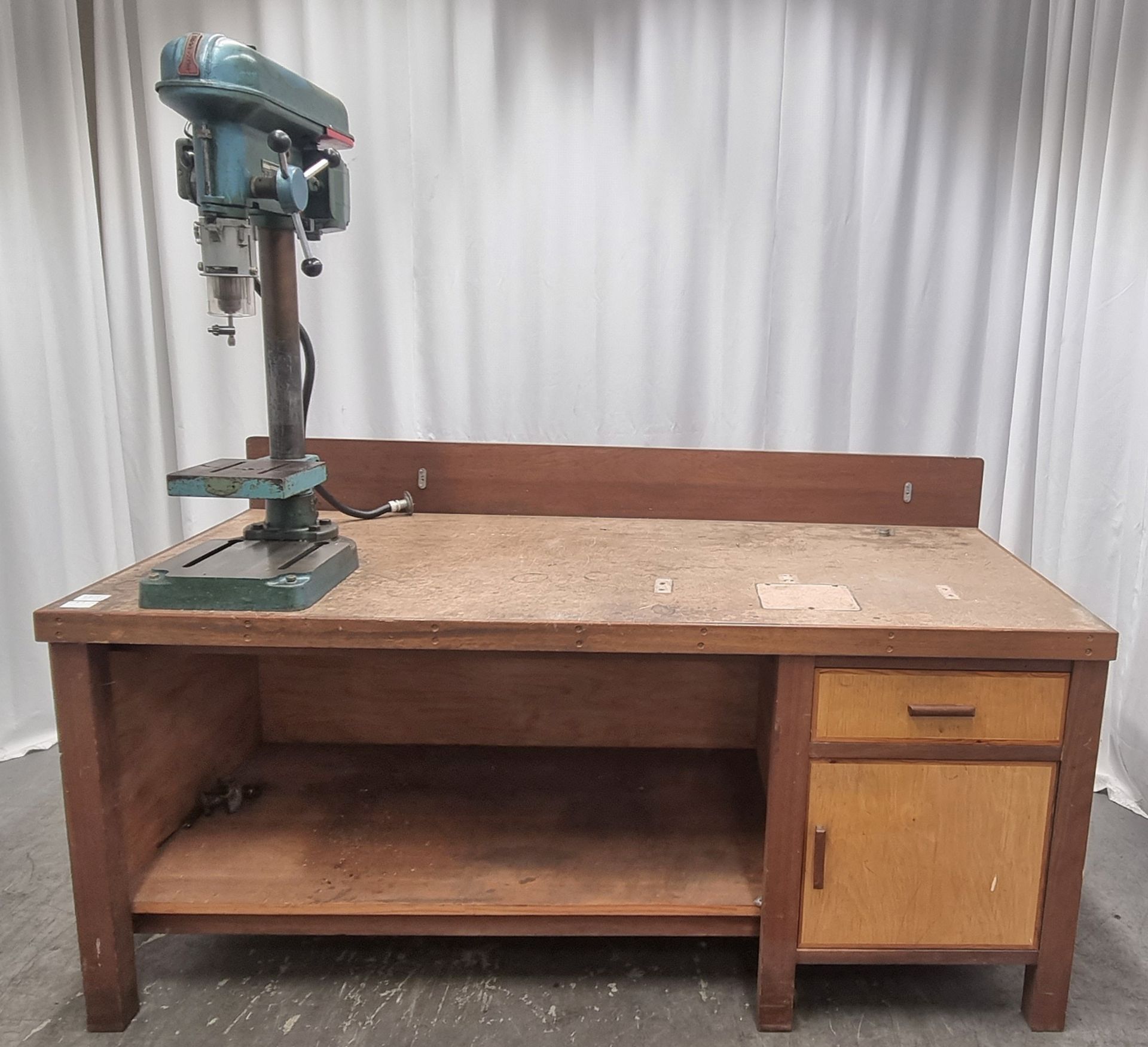 Wooden workbench with Meddings 9373/LT/III pillar drill