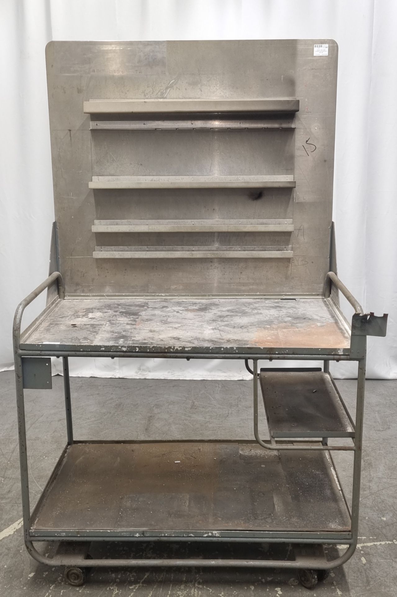 Mobile, 2 tier, metal workbench with shelving on back wall