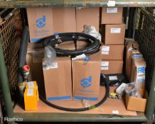 Various Mann & Donaldson truck parts - hydraulic hoses, brake air valves, oil & fuel filters
