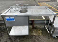 Stainless steel table with upstand and 2 small sink bowls - dimensions: 130 x 65 x 100cm