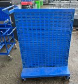 Blue wheeled trolley with lin bins racking double sided - L 105 x W 55 x H 155 cm