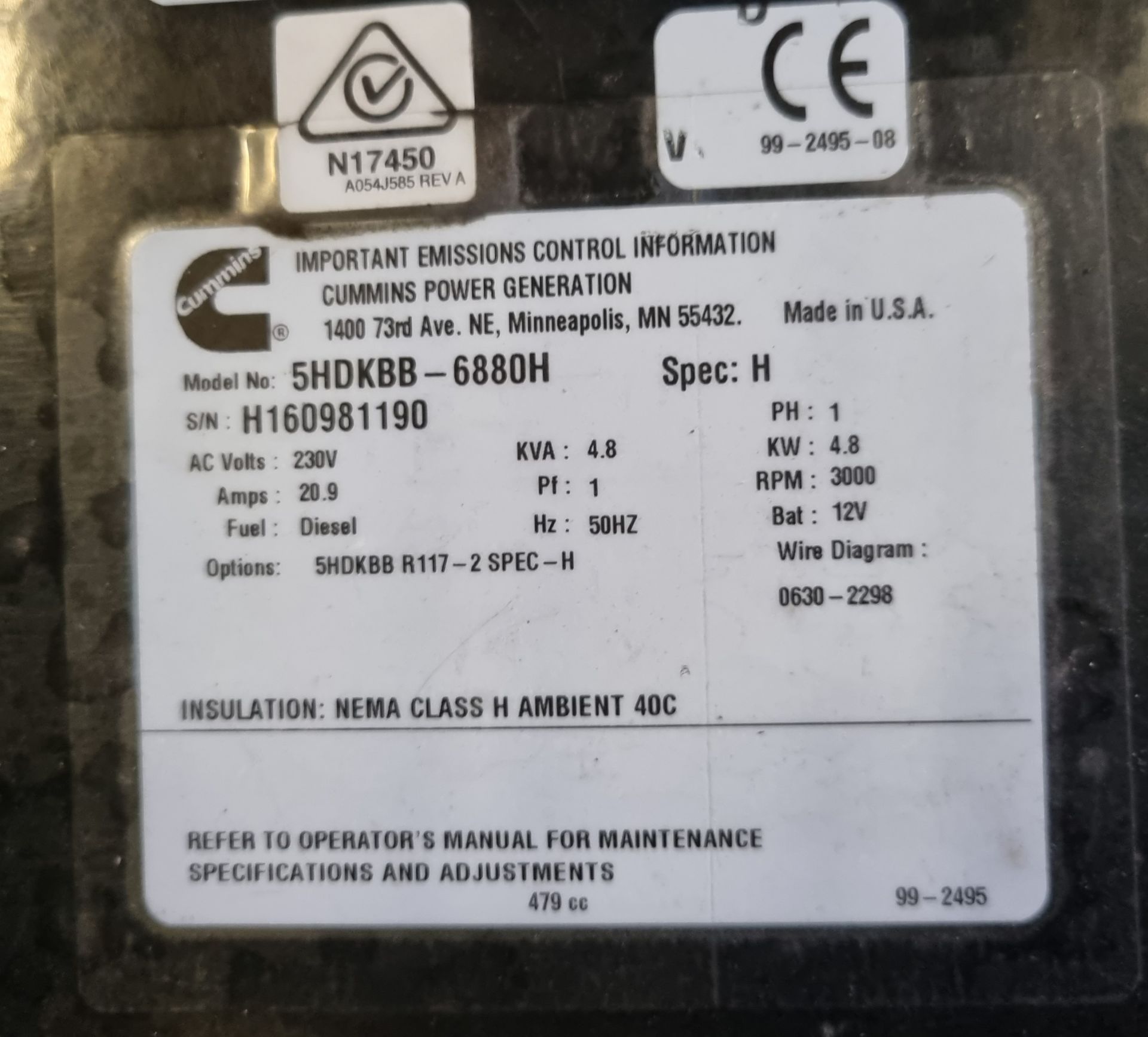 Cummins 5HDKBB-688OH Onan generator (Diesel) spec H - S/N H160981190 - PH1, 4.8KVA 230V 50HZ 3000RPM - Image 4 of 13